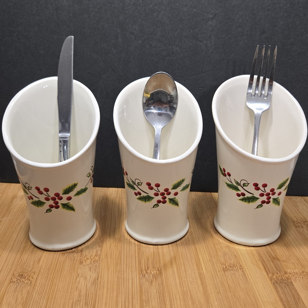 3 Piece Holiday Ceramic Silverware Holder Set, winterberry holly berry
